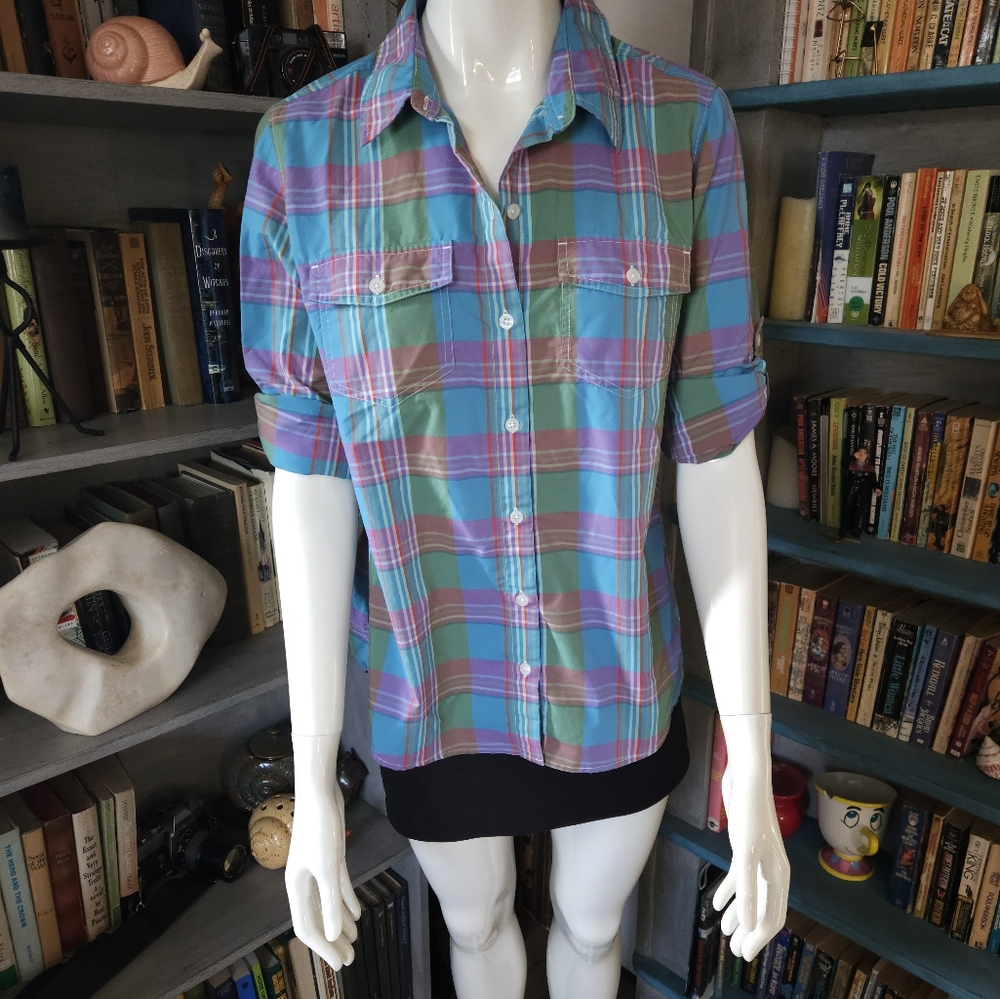Patagonia Womens Blue Plaid Roll Tab Sleeves Button Front Shirt Size 8 Medium